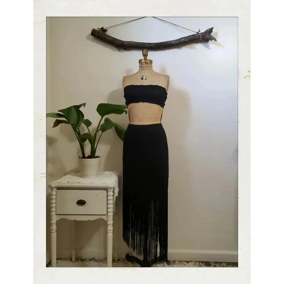 TadashiVintage Black Slinky CocktailCascade Fringe High Low Mini Maxi Skirt